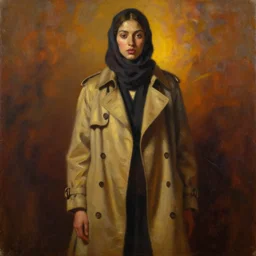 detailed full body portrait in strong femininity, ethnic, realistic face sculpted features, statuesque model, trenchcoat and scarf, warm glow, bathed in light, filmic, chiaroscuro, specular highlights, angular impressionism, radiosity, deep rich tones, contemporary art, oil on canvas