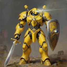 yellow human-sized warforged, detailed, humanoid mecha character with an iron paladin sword and a huge ornate shield, with a light beaming from his eye, by Roger Dean, by Anton Fadeev, by albert bierstadt, magical realism, oil on canvas, soft render, octane, artstation