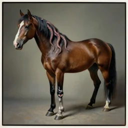 a perfect hyperrealist painting of a horse, leg tentacle transplant and a mane of tentacles. 3 5 mm film photograph in style of stubbs whistlejacket. fine art, gallery lighting, solemn, and exquisite