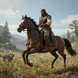 i am a hunter, horse - mounted, wolf - stabbing, unreal engine 5, digital art, octane render, 1 6 k