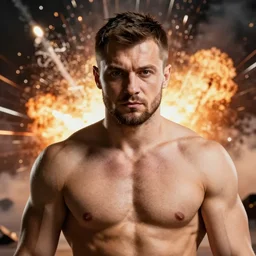 portrait of muscular Wołodymyr Zełenski, explosions in the background, digital art, Trending on ArtStation, hyperrealistic,8k, cinematic,high quality,