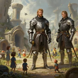 concept art, medieval knights in sci - fi kindergarten, realistic shaded lighting poster by ilya kuvshinov, magali villeneuve, artgerm, jeremy lipkin and michael garmash and rob rey