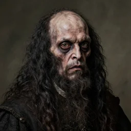 dutch renaissance of creepy surreal monster in dark hairy face and old looking skin with balding