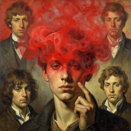 my head is covered with red smoke, a painting by john harris, barlowe wayne, maxfield parrish, gustave dore and marco mazzoni. hyper detailed.