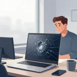 cracked laptop display monitor, editorial illustration by karolis strautniekas and mads berg, office interior, near a window, fog, fine texture, detailed, muted colors, dramatic lighting, dynamic composition, vivid, matte print, wide angle, ( ( sunbeams ) ), moody