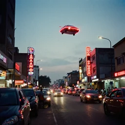cinestill 8 0 0 t photograph of a neon lit - lagos urban street - in nigeria - with flying cars,