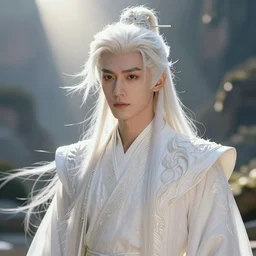 a portrait of a young handsome prince with white fringy hair, epic beautiful landscape, elegant, beautiful, backlit, incredible lighting, strong rim light, highly detailed, god rays, digital painting, HDRI, by Heise Jinyao, Heise-Lian Yan Fang, Feimo, Richard Taddei, vivid colors, high contrast, 8k resolution, intricate, photorealistic, smooth