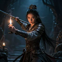 epic beautiful young warrior maiden fighting against darkness under ritual lit night Ken Kelly, photorealistic, cinematic, fantastic reality, detailed, intricate dramatic lighting, establishing shot, 8k resolution – W 1024