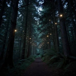 forest at night with floating lights by Mary Blair