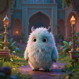 little fluffy monster in a lush iranian palace garden at dusk. upcoming 3 d animation by an indie studio, rimlighting, depth of field, limited but vibrant palette, intricate details, gothic horror, chiaroscuro, bokeh.