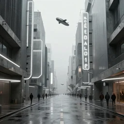 photorealistic streetscape, simple brutalist architecture, metal, concrete, wet streets, white neon lights, neon signs, flying vehicles, pedestrians, greg rutkowski, syd mead, ralph mcquarrie, concept art, matte painting, finely detailed, minimal artifacts, rule of thirds, dynamic lighting, cinematic, denoised, centered, artstation