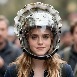emma watson wearing a giant oyster shell helmet