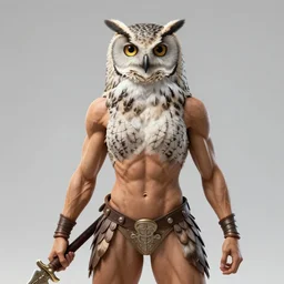 wide shot of muscular female owl warrior, realistic proportions, sharp focus, beautiful face, wearing feather armor, wielding an owl broadsword, symmetrical, highly detailed, engraving kentaro miura manga art style trending on artstation 8 k