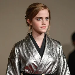 emma watson wearing a futuristic metal kimono, half body portrait, greg kutkowski, sharp details, subsurface scattering, pale skin, warm lighting
