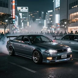 a car JZX100 twin turbo drift at illegal car meet, Shibuya prefecture, city midnight mist lights, cinematic lighting, photorealistic, highly detailed wheels, high detail