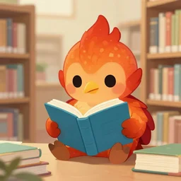 a cute firebirdy reading a book in a library #commission