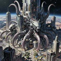 cyborg monsters with tentacles and wires in detailed huge cybernetic mega city in space, by nihei tsutomu