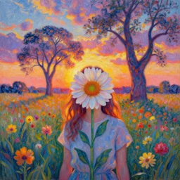 girl with large flower as a face, flower field, big trees, sunrise dramatic light, impressionist painting, colorful clouds, digital painting, pointillism, artstation, simon stalenhag