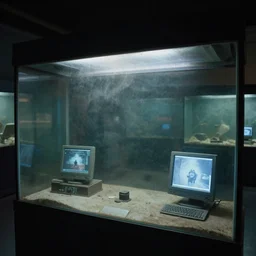spooky creepy liminal space, display case, aquatic exhibition science museum, dusty aquarium, computer screens, photo taken on fujifilm superia