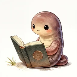 illustration, small cute earth worm reading a book! anime, intricate, elegant, highly detailed, digital painting, artstation, concept art, smooth, sharp focus, illustration, art by hayao miyazaki