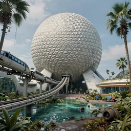 post - apocalyptic epcot center, wasteland, submerged, monorail, abandoned, wet, swamp, walt disney world, highly detailed, intricate, 8 k