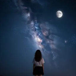 girl, beautiful, starry sky, moon, galaxy, stars, beauty, scenery, milky way, light, night, adorable, photography, cinematic