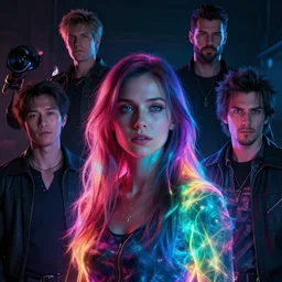 A women with glowing colours around her by Greg Rutkowski, beeple, Sung Choi, Mitchell Mohrhauser, Maciej Kuciara, Johnson Ting, Maxim Verehin, Peter Konig, final fantasy, macro lens, 35mm, 8k photorealistic, cinematic lighting, HD, high details, dramatic, dark atmosphere, trending on artstation