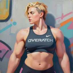 greg manchess portrait painting of milla jovovich as beautiful thick female bodybuilder zarya from overwatch, medium shot, asymmetrical, profile picture, organic painting, sunny day, matte painting, bold shapes, hard edges, street art, trending on artstation, by huang guangjian and gil elvgren and sachin teng