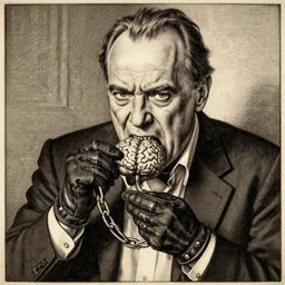 Encaustic mezzotint Vicious Anthony Hopkins Politician Eats my brain rabid wearing a collar chain paws mitts Moso Ileicru