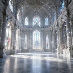 concept art, empty hall of a crystal made baroque palace in the morning light, sunshine through the stained glass, god rays, greg rutkowski, james gurney, johannes voss, unreal engine, hyperdetailed, 4 k