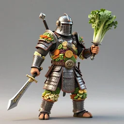 a warrior wearing armor made of food weilding a vegetable weapon