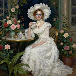 on textured canvas full body fashion model emma watson by Winslow Homer smokey eyes makeup eye shadow fantasy, glow, shimmer as victorian woman in a long white frilly lace dress and a large white hat having tea in a sunroom filled with flowers, roses and lush fern flowers ,intricate, night, highly detailed, dramatic lighting , high quality