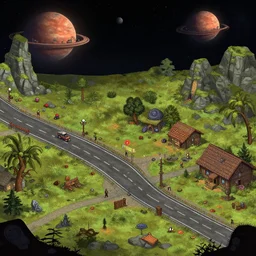 on main street of a remote outpost, on an alien planet, from a space themed point and click 2 d graphic adventure game, set design inspired slightly by hg giger and tomb raider, art inspired by thomas kinkade and william alexander