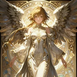 symmetry!!!!!! beautiful anime angel close portrait, wearing complex inscripted clothes, ultra detailed, elegant, intricate, anime, anime, dynamic lighting, digital art, digital painting, artstation, wlop, sharp focus, illustration, art by artgerm and greg rutkowski and alphonse mucha, 8 k