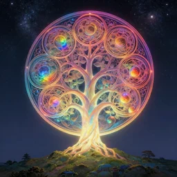 epic chromatic tree of life centered on a hill glowing from within japanese, intricate, elegant, volumetric lighting, digital painting, highly detailed, artstation, sharp focus, milky way galaxy, symmetrical, rainbow orbs, illustration, concept art, ruan jia, steve mccurry
