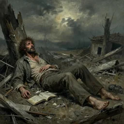 the apocalypse in the style of Thomas Kinkade, suffering, pain, death, destruction