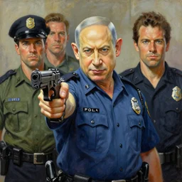detailed painting of benjamin netanyahu in a police uniform pointing a gun at the camera, by tim hildebrandt and brian bolland and george perez