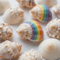 seashells with rainbow patterns, photo, real, detailed, 4k