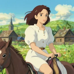 portrait art of beautiful emma stone riding at summer outfit at russian village, art by studio ghibli, makoto shinkai, trending on artstation, intricate details