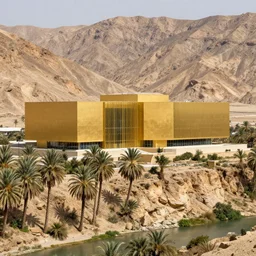 photo of a large golden contemporary museum in a arid mountain, palm forest, cliff, river and valley, rammed earth, windows, 5 floors, trees and vegetation, snohetta, golden stones and color palette, sun rays, golden hour atmosphere, 8 0 k, octane,