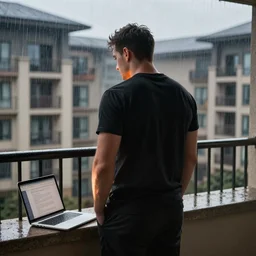 a pumped up guy is standing, his back is turned, he's wearing a black t - shirt, he's on a hotel balcony, it's raining behind him, a laptop is lying next to him, the light from the laptop is hitting the guy