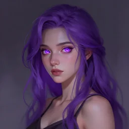 character art by jean - baptiste monge, young woman, purple hair, glowing purple eyes