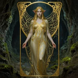 Drow priestess, a beautiful art nouveau portrait by Gil elvgren and Gerald brom, centered composition, defined features, golden ratio, spider silk robe, underdark deep cave environment, glowing moss