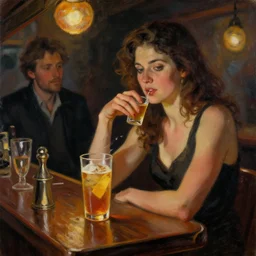 a painting of a female drunk in a bar. by randolph hewton and edward robert hughes. trending on artstation, highly detailed, volumetric lightning, cinematic lightning