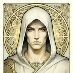 head-on symmetrical centered painted portrait, male imp assassin, art nouveau, tarot card style, complex fractal tarot card background, fantasy, intricate, elegant, highly detailed, smooth, sharp focus, illustration, artstation, in the style of Artgerm and Anna Podedworna and Alex Ross