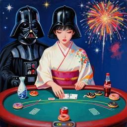 single woman in a japanese kimono sitting at an extremely detailed poker table with the detailed darth vader, sake, coca cola, donuts, on the table, fireworks and stars on the background, by andy warhol, by roy liechtestein, canvas, acrylic paint, cool color palette, masterpiece, 4 k, ultra - hd