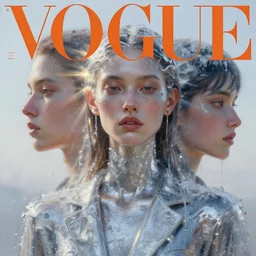3 d, close - up, fashion model, ice, liquid silver, morning, sun rays, vogue cover style, poster art, hyper detail, intricate oil painting, multiple exposure, hell mood, 3 d, by tooth wu and wlop and beeple and greg rutkowski