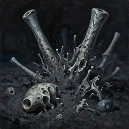 oil painting of poxed crashing fossils of marella mixed into radioactive earth,, black light art painting, cinematic, in style of shigeru komatsuzaki