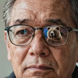 photo close up of a sad old man wearing glasses with mirrored lenses, in the relection of the glasses you can see a brown bear ( eos 5 ds r, iso 1 0 0, f / 8, 1 / 1 2 5, 8 4 mm, postprocessed,, crisp face, facial features )
