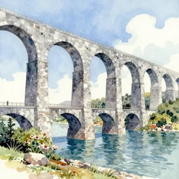 city bay bridge aqueduct, colorful watercolor. by rembrandt, ralph mcquarrie, aluminum, 1 6 6 7